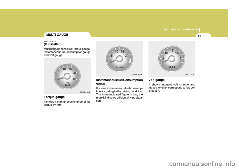 Hyundai Coupe 2006  Owners Manual 1
FEATURES OF YOUR HYUNDAI
55MULTI GAUGE
B330C01GK-GAT (If installed) Multi gauge is consists of torque gauge, instantaneous fuel consumption gaugeand volt gauge.
Instantaneous fuel Consumption gauge 