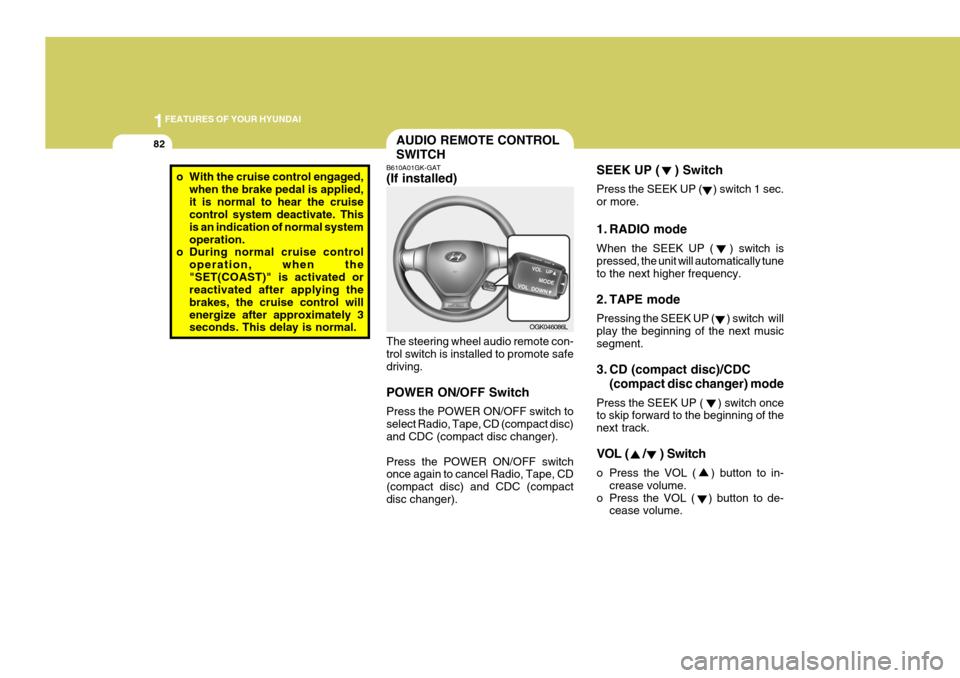 Hyundai Coupe 2006 Owners Manual 1FEATURES OF YOUR HYUNDAI
82
SEEK UP ( ) Switch Press the SEEK UP ( ) switch 1 sec. or more.
1. RADIO mode When the SEEK UP ( ) switch is pressed, the unit will automatically tune to the next Hyundai Coupe 2006 Owners Manual 1FEATURES OF YOUR HYUNDAI
82
SEEK UP ( ) Switch Press the SEEK UP ( ) switch 1 sec. or more.
1. RADIO mode When the SEEK UP ( ) switch is pressed, the unit will automatically tune to the next