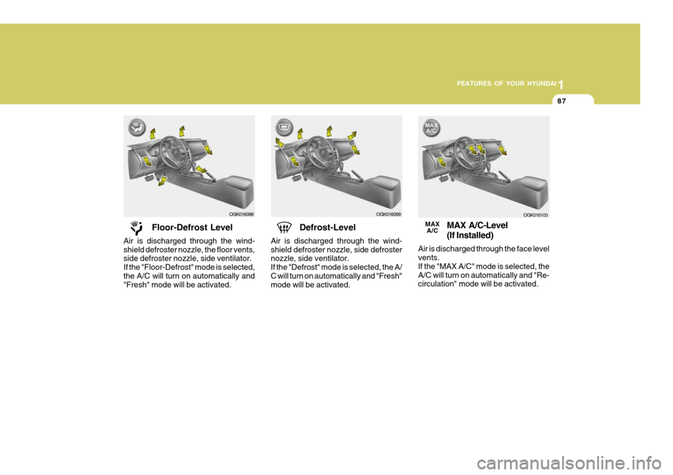 Hyundai Coupe 2006 Owners Manual 1
FEATURES OF YOUR HYUNDAI
87
Floor-Defrost Level
Air is discharged through the wind- shield defroster nozzle, the floor vents, side defroster nozzle, side ventilator. If the "Floor-Defrost" mode is s Hyundai Coupe 2006 Owners Manual 1
FEATURES OF YOUR HYUNDAI
87
Floor-Defrost Level
Air is discharged through the wind- shield defroster nozzle, the floor vents, side defroster nozzle, side ventilator. If the "Floor-Defrost" mode is s
