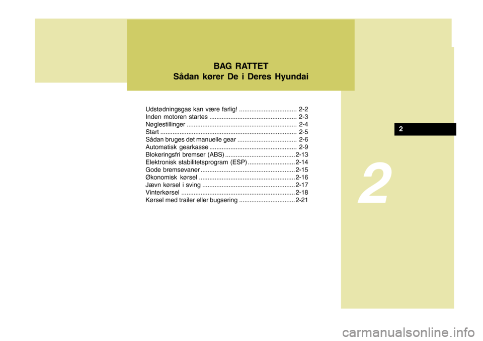 Hyundai Coupe 2006  Instruktionsbog (in Danish) 2
2
Udstødningsgas kan være farlig! ................................. 2-2 
Inden motoren startes .................................................. 2-3Nøglestillinger...............................