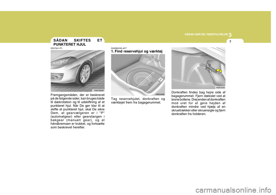 Hyundai Coupe 2006 Instruktionsbog (in Danish) 3
SÅDAN GØR DE I NØDSTILFÆLDE
7
SD070A1-FC SÃ…DAN SKIFTES ET PUNKTERET HJUL
Fremgangsmåden, der er beskrevet på de følgende sider, kan bruges både til dækrotation og til udskiftning af etpunk Hyundai Coupe 2006 Instruktionsbog (in Danish) 3
SÅDAN GØR DE I NØDSTILFÆLDE
7
SD070A1-FC SÃ…DAN SKIFTES ET PUNKTERET HJUL
Fremgangsmåden, der er beskrevet på de følgende sider, kan bruges både til dækrotation og til udskiftning af etpunk