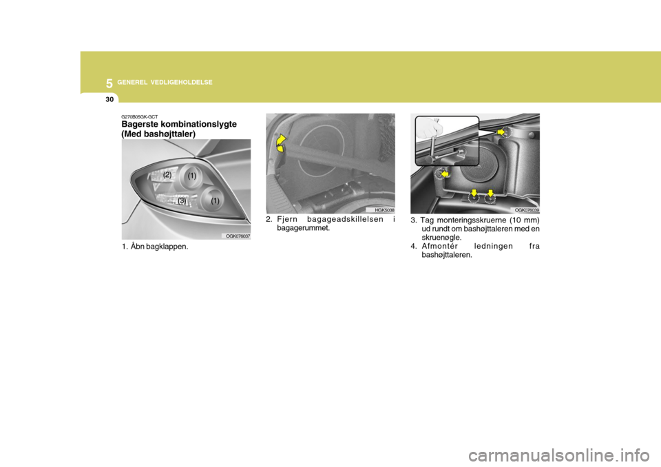Hyundai Coupe 2006 Instruktionsbog (in Danish) 5 GENEREL VEDLIGEHOLDELSE
30
G270B05GK-GCT Bagerste kombinationslygte (Med bashøjttaler)
1. Åbn bagklappen.
OGK076037 2. Fjern bagageadskillelsen i
bagagerummet.
HGK5038
3. Tag monteringsskruerne (1 Hyundai Coupe 2006 Instruktionsbog (in Danish) 5 GENEREL VEDLIGEHOLDELSE
30
G270B05GK-GCT Bagerste kombinationslygte (Med bashøjttaler)
1. Åbn bagklappen.
OGK076037 2. Fjern bagageadskillelsen i
bagagerummet.
HGK5038
3. Tag monteringsskruerne (1