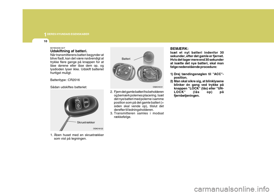 Hyundai Coupe 2006  Instruktionsbog (in Danish) 1DERES HYUNDAIS EGENSKABER
10
2. Fjern det gamle batteri fra beholderen
og bemærk polernes placering. Isæt det nye batteri med polerne i samme position som på det gamle batteri (+ siden skal vende 