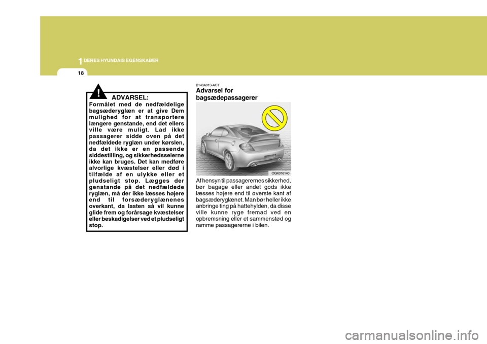 Hyundai Coupe 2006  Instruktionsbog (in Danish) 1DERES HYUNDAIS EGENSKABER
18
B140A01S-ACT Advarsel for bagsædepassagerer Af hensyn til passagerernes sikkerhed, bør bagage eller andet gods ikke læsses højere end til øverste kant afbagsæderygl