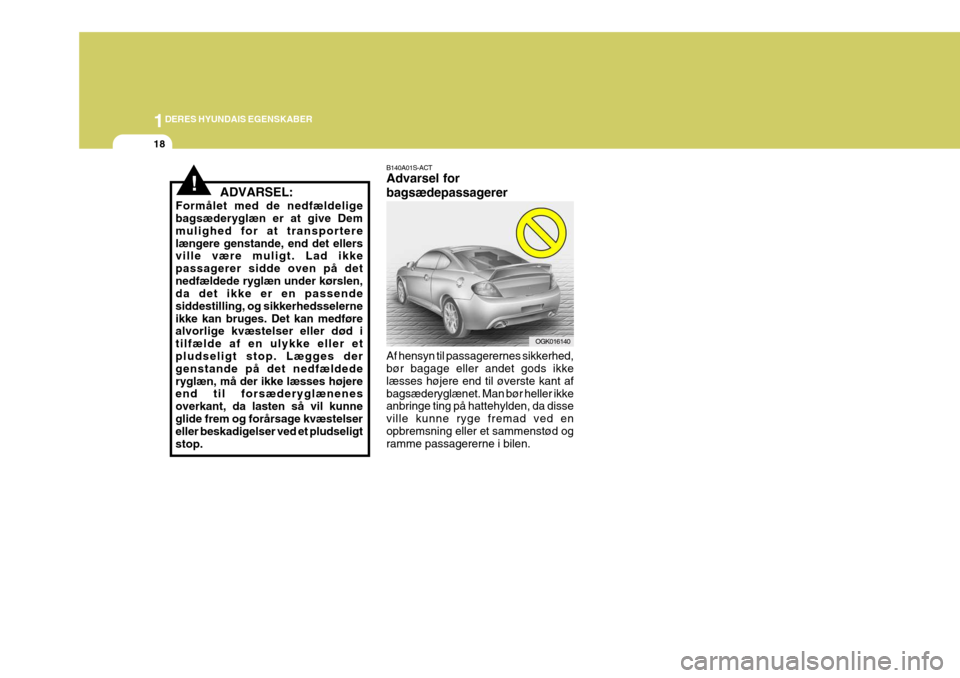 Hyundai Coupe 2006 Instruktionsbog (in Danish) 1DERES HYUNDAIS EGENSKABER
18
B140A01S-ACT Advarsel for bagsædepassagerer Af hensyn til passagerernes sikkerhed, bør bagage eller andet gods ikke læsses højere end til øverste kant afbagsæderygl Hyundai Coupe 2006 Instruktionsbog (in Danish) 1DERES HYUNDAIS EGENSKABER
18
B140A01S-ACT Advarsel for bagsædepassagerer Af hensyn til passagerernes sikkerhed, bør bagage eller andet gods ikke læsses højere end til øverste kant afbagsæderygl