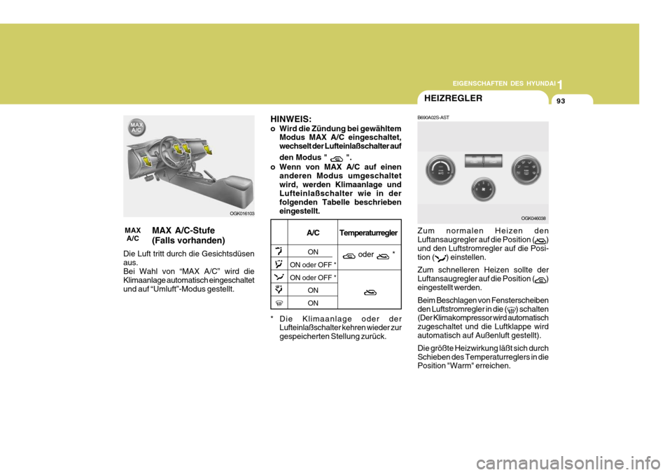 Hyundai Coupe 2006 Betriebsanleitung (in German) 1
EIGENSCHAFTEN DES HYUNDAI
93HEIZREGLER
B690A02S-AST Zum normalen Heizen den Luftansaugregler auf die Position (
)
und den Luftstromregler auf die Posi- tion (
) einstellen.
Zum schnelleren Heizen so Hyundai Coupe 2006 Betriebsanleitung (in German) 1
EIGENSCHAFTEN DES HYUNDAI
93HEIZREGLER
B690A02S-AST Zum normalen Heizen den Luftansaugregler auf die Position (
)
und den Luftstromregler auf die Posi- tion (
) einstellen.
Zum schnelleren Heizen so