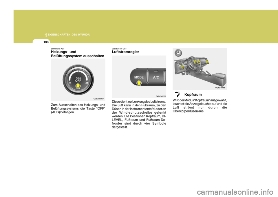 Hyundai Coupe 2006 Betriebsanleitung (in German) 1EIGENSCHAFTEN DES HYUNDAI
104
B980D01Y-AST Heizungs- und Belüftungssystem ausschalten B980E01NF-GST Luftstromregler Diese dient zur Lenkung des Luftstroms. Die Luft kann in den Fußraum, zu den Düs Hyundai Coupe 2006 Betriebsanleitung (in German) 1EIGENSCHAFTEN DES HYUNDAI
104
B980D01Y-AST Heizungs- und Belüftungssystem ausschalten B980E01NF-GST Luftstromregler Diese dient zur Lenkung des Luftstroms. Die Luft kann in den Fußraum, zu den Düs