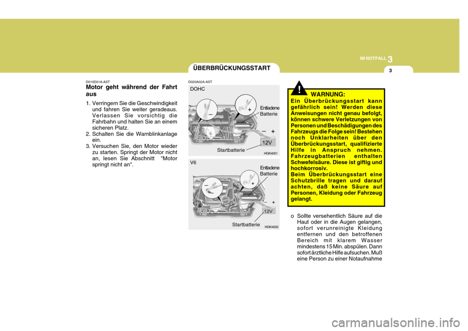 Hyundai Coupe 2006  Betriebsanleitung (in German) 3
IM NOTFALL
3
!
D010D01A-AST Motor geht während der Fahrt aus 
1. Verringern Sie die Geschwindigkeit
und fahren Sie weiter geradeaus. Verlassen Sie vorsichtig die Fahrbahn und halten Sie an einem si