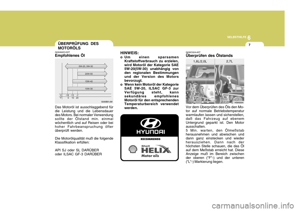 Hyundai Coupe 2006  Betriebsanleitung (in German) 6
SELBSTHILFE
7
G030B01JM
ÜBERPRÜFUNG DES MOTORÖLS
G030A02O-GST
Empfohlenes Öl
Das Motoröl ist ausschlaggebend für
die Leistung und die Lebensdauer des Motors. Bei normaler Verwendung sollte der