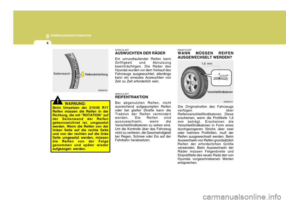 Hyundai Coupe 2006 Betriebsanleitung (in German) 8VERBRAUGHERIN FORMATION
6
I090A01S-GST WANN MÜSSEN REIFEN AUSGEWECHSELT WERDEN?
Die Originalreifen des Fahrzeugs
verfügen über
Reifenverschleißindikatoren. Diese erscheinen, wenn die Profiltief Hyundai Coupe 2006 Betriebsanleitung (in German) 8VERBRAUGHERIN FORMATION
6
I090A01S-GST WANN MÜSSEN REIFEN AUSGEWECHSELT WERDEN?
Die Originalreifen des Fahrzeugs
verfügen über
Reifenverschleißindikatoren. Diese erscheinen, wenn die Profiltief