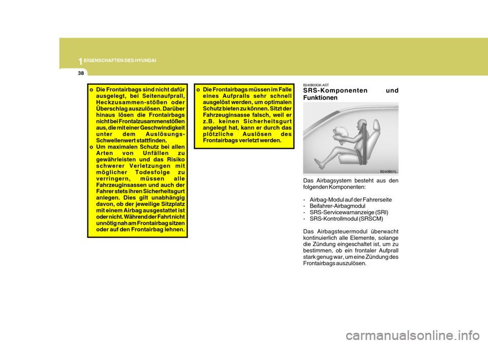 Hyundai Coupe 2006  Betriebsanleitung (in German) 1EIGENSCHAFTEN DES HYUNDAI
38
B240B03GK-AST SRS-Komponenten und Funktionen Das Airbagsystem besteht aus den folgenden Komponenten: 
- Airbag-Modul auf der Fahrerseite 
- Beifahrer-Airbagmodul 
- SRS-S