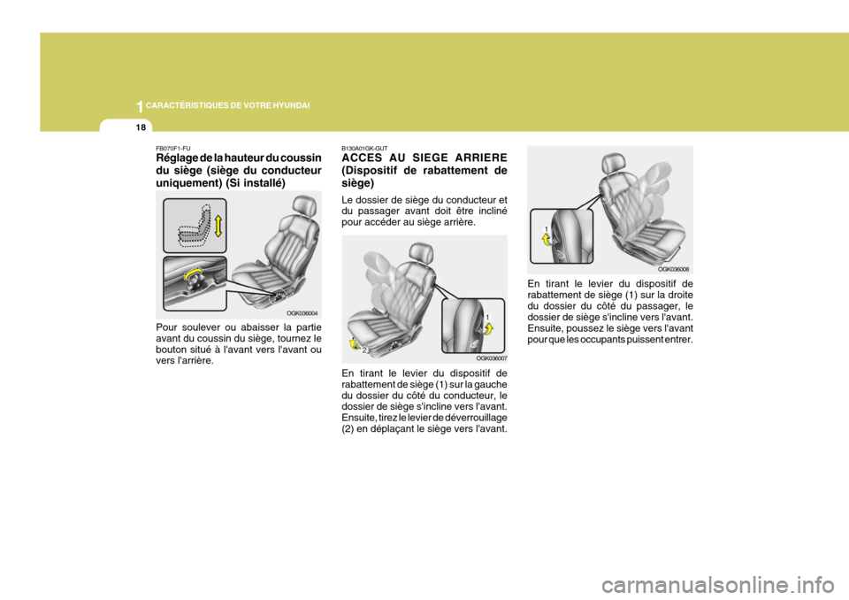 Hyundai Coupe 2006  Manuel du propriétaire (in French) 1CARACTÉRISTIQUES DE VOTRE HYUNDAI
18
En tirant le levier du dispositif de rabattement de siège (1) sur la droitedu dossier du côté du passager, le dossier de siège sincline vers lavant. Ensuit