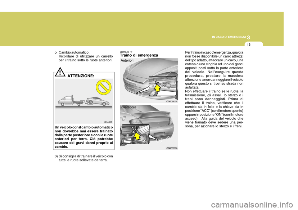 Hyundai Coupe 2006 Manuale del proprietario (in Italian) 3
IN CASO DI EMERGENZA
13
HGK4017
!
OGK066005
SD110A2-FT Traino di emergenza
Anteriori
o Cambio automatico:
Ricordare di utilizzare un carrello per il traino sotto le ruote anteriori.
ATTENZIONE:
Un v Hyundai Coupe 2006 Manuale del proprietario (in Italian) 3
IN CASO DI EMERGENZA
13
HGK4017
!
OGK066005
SD110A2-FT Traino di emergenza
Anteriori
o Cambio automatico:
Ricordare di utilizzare un carrello per il traino sotto le ruote anteriori.
ATTENZIONE:
Un v