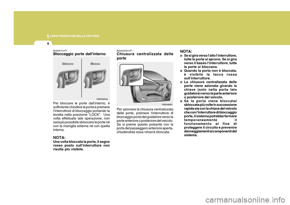 Hyundai Coupe 2006 Manuale del proprietario (in Italian) 1CARATTERISTICHE DELLA VETTURA
8
B040G02GK-GTT Chiusura centralizzata delle porte Per azionare la chiusura centralizzata delle porte, premere linterruttore di bloccaggio porta del guidatore verso lap Hyundai Coupe 2006 Manuale del proprietario (in Italian) 1CARATTERISTICHE DELLA VETTURA
8
B040G02GK-GTT Chiusura centralizzata delle porte Per azionare la chiusura centralizzata delle porte, premere linterruttore di bloccaggio porta del guidatore verso lap