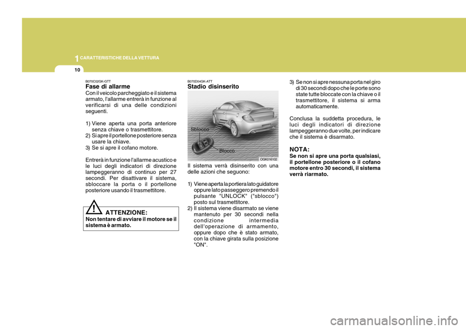 Hyundai Coupe 2006 Manuale del proprietario (in Italian) 1CARATTERISTICHE DELLA VETTURA
10
B070D04GK-ATT Stadio disinserito Il sistema verrà disinserito con una delle azioni che seguono:
1) Viene aperta la portiera lato guidatore
oppure lato passeggero pr Hyundai Coupe 2006 Manuale del proprietario (in Italian) 1CARATTERISTICHE DELLA VETTURA
10
B070D04GK-ATT Stadio disinserito Il sistema verrà disinserito con una delle azioni che seguono:
1) Viene aperta la portiera lato guidatore
oppure lato passeggero pr