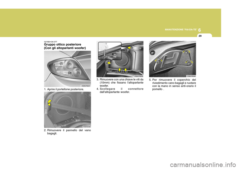 Hyundai Coupe 2006  Manuale del proprietario (in Italian) 6
MANUTENZIONE "FAI-DA-TE"
29
OGK076040
5. Per rimuovere il coperchio del rivestimento vano bagagli e ruotare con la mano in senso anti-orario il pomello .
1. Aprire il portellone posteriore. OGK07603