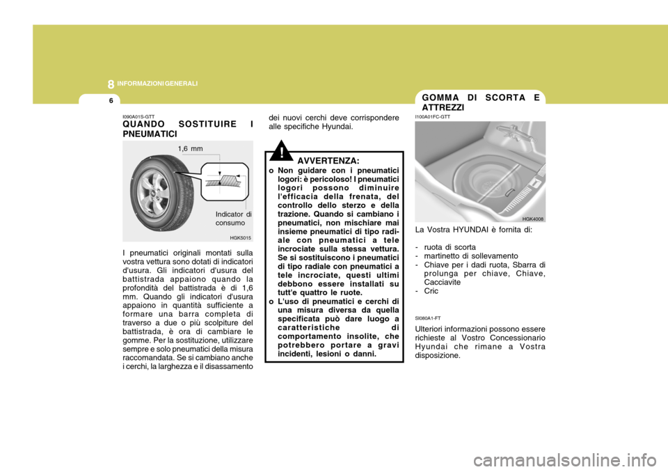 Hyundai Coupe 2006  Manuale del proprietario (in Italian) 8INFORMAZIONI GENERALI
6
!AVVERTENZA:
o Non guidare con i pneumatici logori: è pericoloso! I pneumatici logori possono diminuire lefficacia della frenata, delcontrollo dello sterzo e della trazione.