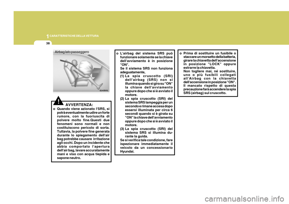 Hyundai Coupe 2006 Manuale del proprietario (in Italian) 1CARATTERISTICHE DELLA VETTURA
38
!AVVERTENZA:
o Quando viene azionato lSRS, si potrà eventualmente udire un forte rumore, con la fuoriuscita di polvere molto fine.Questi duefenomeni sono normali e Hyundai Coupe 2006 Manuale del proprietario (in Italian) 1CARATTERISTICHE DELLA VETTURA
38
!AVVERTENZA:
o Quando viene azionato lSRS, si potrà eventualmente udire un forte rumore, con la fuoriuscita di polvere molto fine.Questi duefenomeni sono normali e
