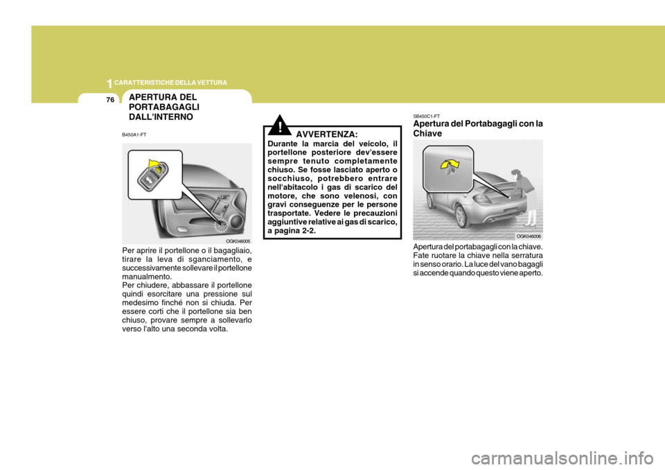 Hyundai Coupe 2006 Manuale del proprietario (in Italian) 1CARATTERISTICHE DELLA VETTURA
76
!
SB450C1-FT Apertura del Portabagagli con la Chiave Apertura del portabagagli con la chiave. Fate ruotare la chiave nella serratura in senso orario. La luce del vano Hyundai Coupe 2006 Manuale del proprietario (in Italian) 1CARATTERISTICHE DELLA VETTURA
76
!
SB450C1-FT Apertura del Portabagagli con la Chiave Apertura del portabagagli con la chiave. Fate ruotare la chiave nella serratura in senso orario. La luce del vano