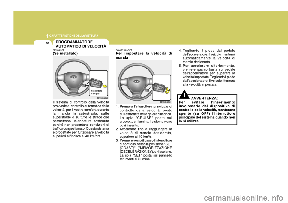 Hyundai Coupe 2006 Manuale del proprietario (in Italian) 1CARATTERISTICHE DELLA VETTURA
80
!
B660B01GK-GTT Per impostare la velocità di marcia
1. Premere linterruttore principale di
controllo della velocità, posto sullestremità della ghiera cilindrica Hyundai Coupe 2006 Manuale del proprietario (in Italian) 1CARATTERISTICHE DELLA VETTURA
80
!
B660B01GK-GTT Per impostare la velocità di marcia
1. Premere linterruttore principale di
controllo della velocità, posto sullestremità della ghiera cilindrica