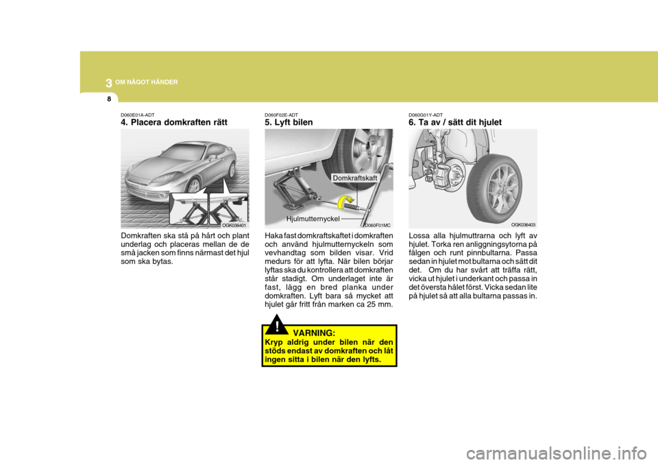 Hyundai Coupe 2006 Ägarmanual (in Swedish) 3 OM NÅGOT HÄNDER
8
OGK036401
D060E01A-ADT 4. Placera domkraften rätt Domkraften ska stå på hårt och plant underlag och placeras mellan de de små jacken som finns närmast det hjul som ska byta Hyundai Coupe 2006 Ägarmanual (in Swedish) 3 OM NÅGOT HÄNDER
8
OGK036401
D060E01A-ADT 4. Placera domkraften rätt Domkraften ska stå på hårt och plant underlag och placeras mellan de de små jacken som finns närmast det hjul som ska byta