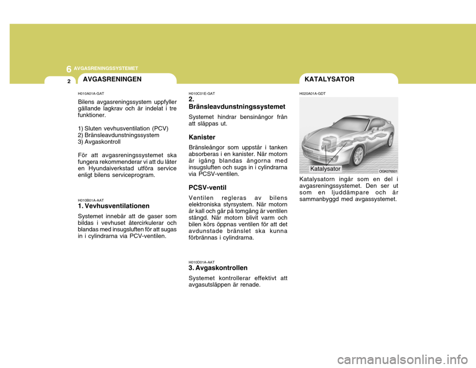 Hyundai Coupe 2006  Ägarmanual (in Swedish) 6AVGASRENINGSSYSTEMET
2
H010A01A-GAT Bilens avgasreningssystem uppfyller
gällande lagkrav och är indelat i tre funktioner. 
1) Sluten vevhusventilation (PCV) 
2) Bränsleavdunstningssystem 
3) Avgas