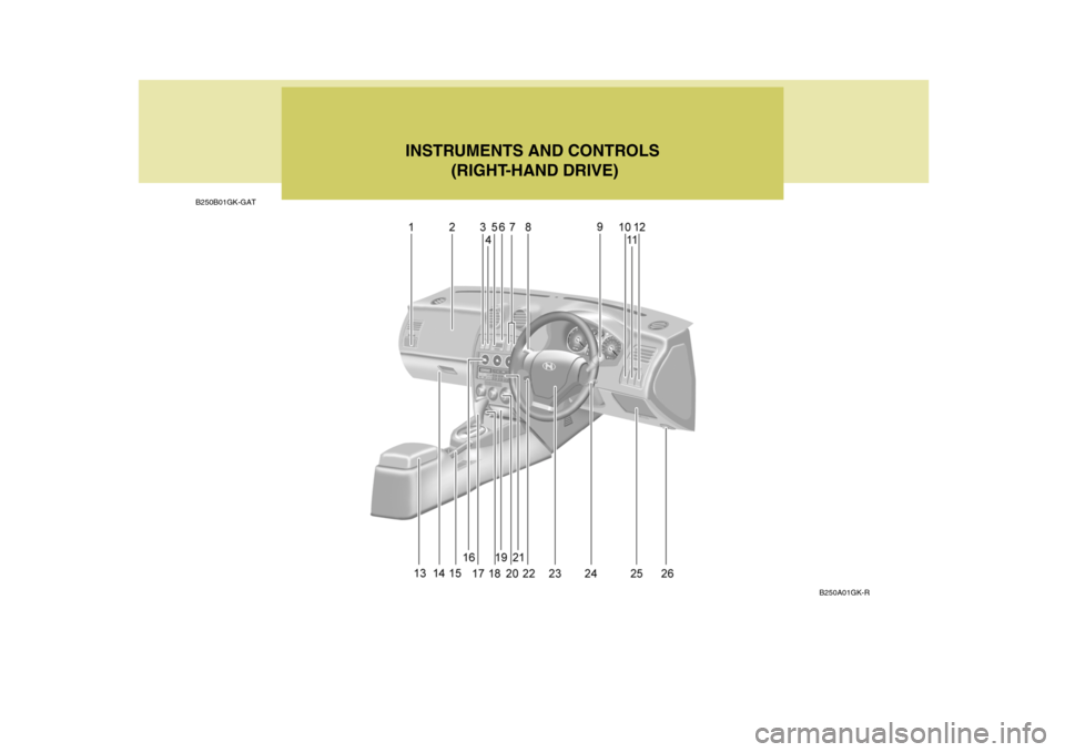Hyundai Coupe 2005 User Guide INSTRUMENTS AND CONTROLS (RIGHT-HAND DRIVE)
B250A01GK-R
B250B01GK-GAT  