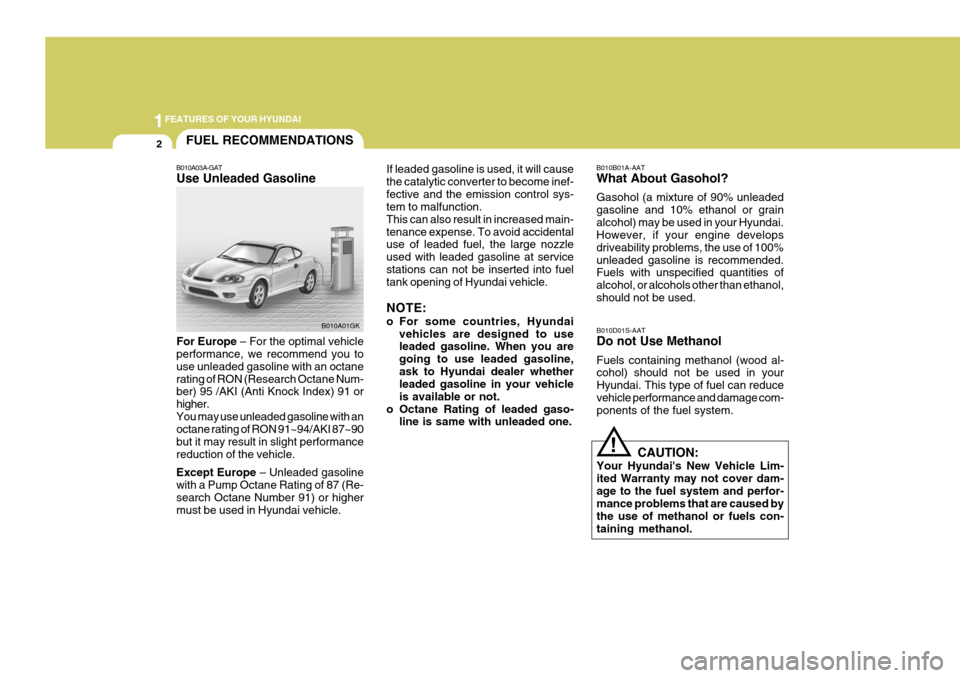 Hyundai Coupe 2005  Owners Manual 1FEATURES OF YOUR HYUNDAI
2FUEL RECOMMENDATIONS
B010A03A-GAT Use Unleaded Gasoline For Europe  – For the optimal vehicle
performance, we recommend you to use unleaded gasoline with an octanerating o