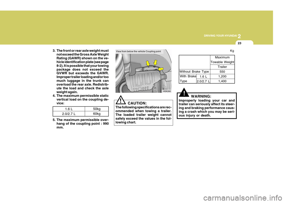 Hyundai Coupe 2005  Owners Manual 2
 DRIVING YOUR HYUNDAI
23
3. The front or rear axle weight must
not exceed the Gross Axle Weight Rating (GAWR) shown on the ve- hicle identification plate (see page 8-2). It is possible that your tow