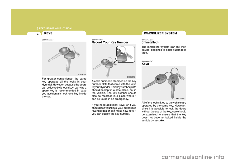 Hyundai Coupe 2005  Owners Manual 1FEATURES OF YOUR HYUNDAI
4KEYSIMMOBILIZER SYSTEM
B030A01A-AAT For greater convenience, the same key operates all the locks in yourHyundai. However, because the doors can be locked without a key, carr