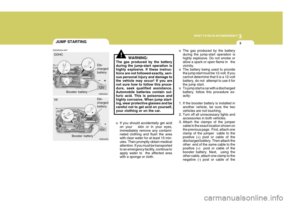 Hyundai Coupe 2005  Owners Manual 3
WHAT TO DO IN AN EMERGENCY
3
!
D020A02A-AAT
WARNING:
The gas produced by the battery during the jump-start operation is highly explosive. If these instruc- tions are not followed exactly, seri-ous p