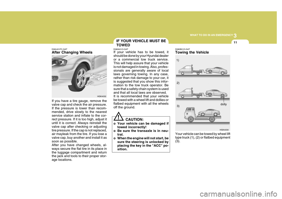 Hyundai Coupe 2005  Owners Manual 3
WHAT TO DO IN AN EMERGENCY
11
D060J01FC-GAT After Changing Wheels If you have a tire gauge, remove the valve cap and check the air pressure.If the pressure is lower than recom- mended, drive slowly 