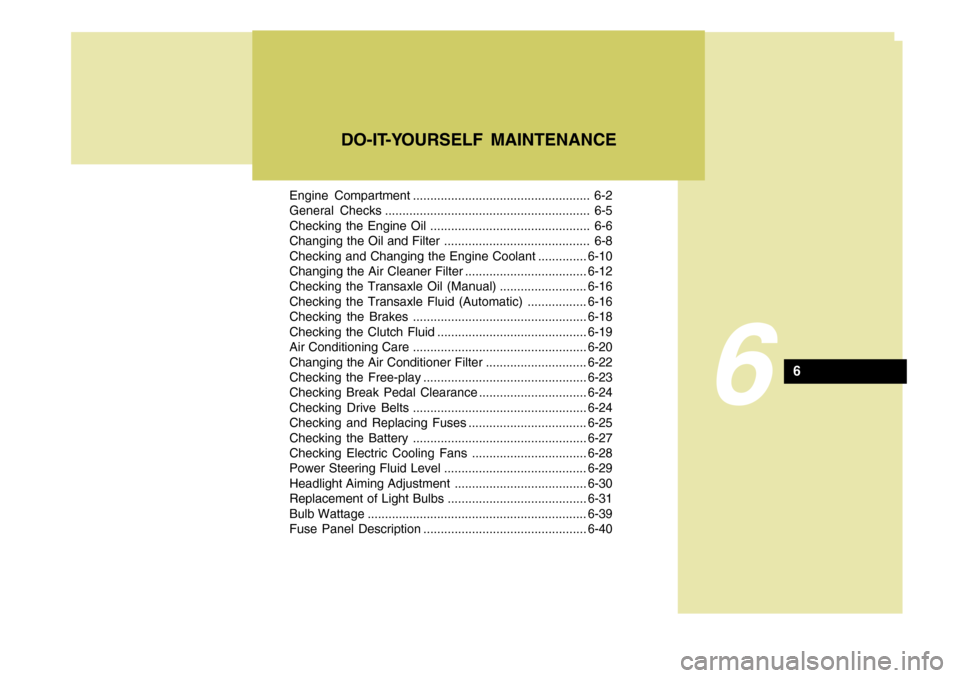 Hyundai Coupe 2005  Owners Manual Engine Compartment ................................................... 6-2 
General Checks ........................................................... 6-5
Checking the Engine Oil .....................