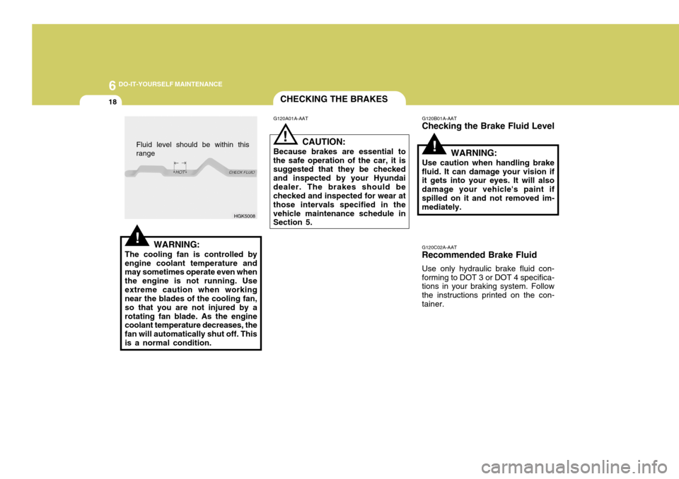 Hyundai Coupe 2005  Owners Manual 6 DO-IT-YOURSELF MAINTENANCE
18
HGK5008
!WARNING:
The cooling fan is controlled by engine coolant temperature and may sometimes operate even when the engine is not running. Useextreme caution when wor