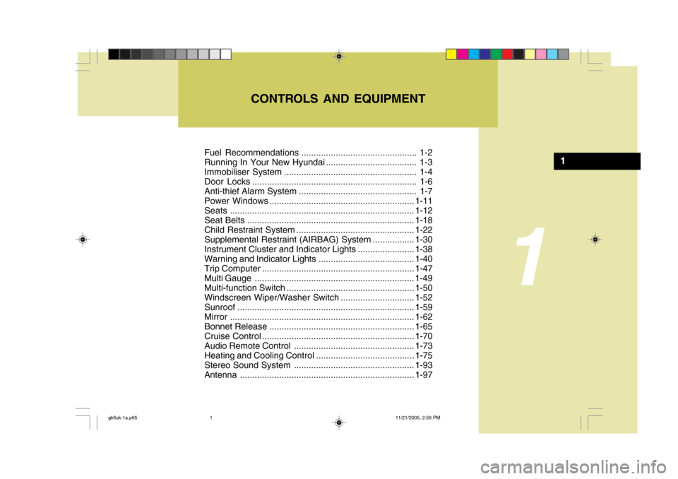 Hyundai Coupe 2005  Owners Manual 1
Fuel Recommendations ............................................... 1-2 
Running In Your New Hyundai ..................................... 1-3
Immobiliser System ...................................