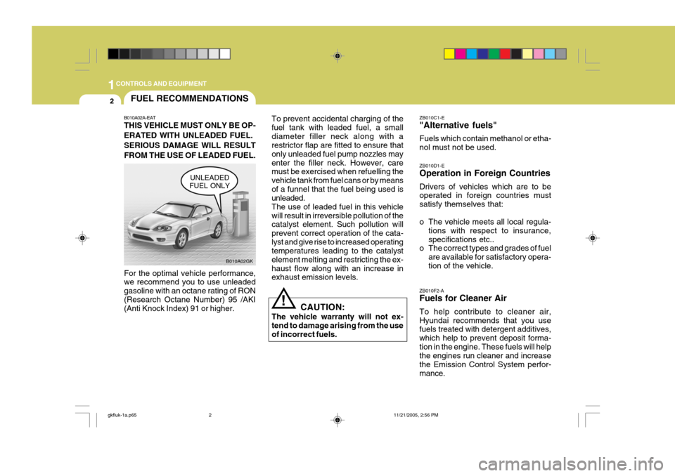 Hyundai Coupe 2005  Owners Manual 1CONTROLS AND EQUIPMENT
2FUEL RECOMMENDATIONS
B010A02A-EAT THIS VEHICLE MUST ONLY BE OP- ERATED WITH UNLEADED FUEL.SERIOUS DAMAGE WILL RESULTFROM THE USE OF LEADED FUEL. For the optimal vehicle perfor