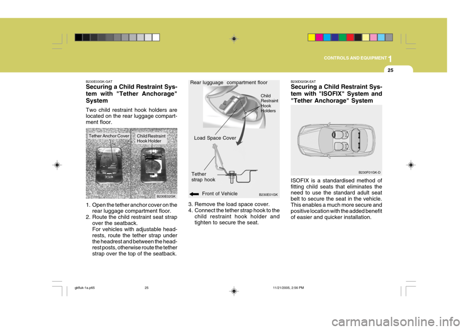 Hyundai Coupe 2005  Owners Manual 1
CONTROLS AND EQUIPMENT
25
B230E03GK-GAT Securing a Child Restraint Sys- tem with "Tether Anchorage"System Two child restraint hook holders are located on the rear luggage compart- ment floor.
B230E0