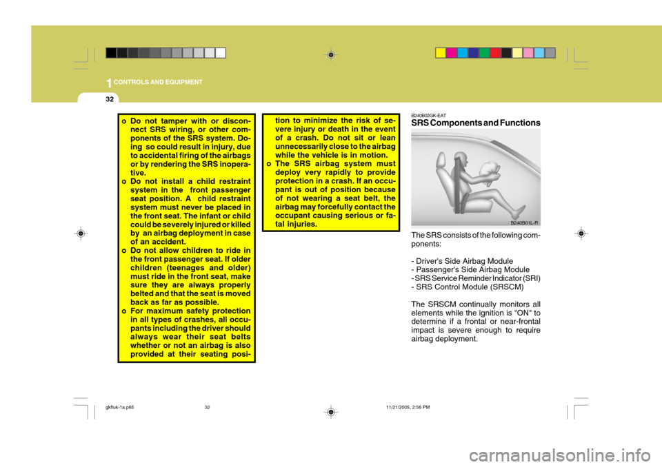 Hyundai Coupe 2005  Owners Manual 1CONTROLS AND EQUIPMENT
32
tion to minimize the risk of se- vere injury or death in the event of a crash. Do not sit or lean unnecessarily close to the airbagwhile the vehicle is in motion.
o The SRS 