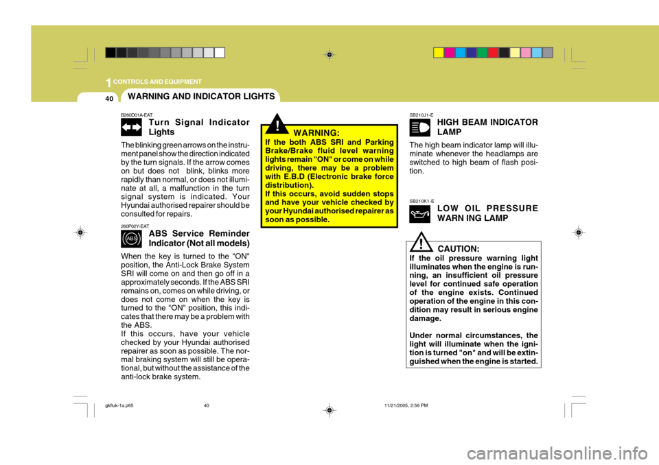 Hyundai Coupe 2005  Owners Manual 1CONTROLS AND EQUIPMENT
40
!
!
WARNING AND INDICATOR LIGHTS
SB210K1-ELOW OIL PRESSURE WARN ING LAMP
260P02Y-EAT
ABS Service ReminderIndicator (Not all models)
When the key is turned to the "ON" positi