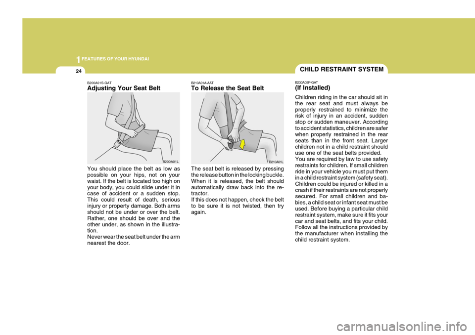 Hyundai Coupe 2005 Owners Guide 1FEATURES OF YOUR HYUNDAI
24
B210A01A-AAT To Release the Seat Belt The seat belt is released by pressing the release button in the locking buckle. When it is released, the belt shouldautomatically dra Hyundai Coupe 2005 Owners Guide 1FEATURES OF YOUR HYUNDAI
24
B210A01A-AAT To Release the Seat Belt The seat belt is released by pressing the release button in the locking buckle. When it is released, the belt shouldautomatically dra