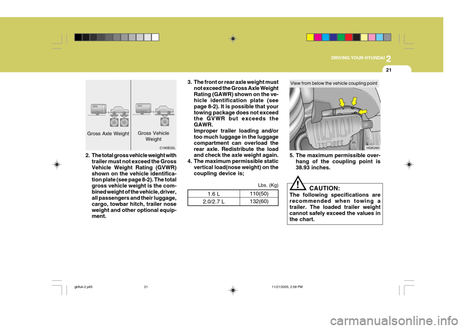 Hyundai Coupe 2005  Owners Manual 2
 DRIVING YOUR HYUNDAI
21
3. The front or rear axle weight must
not exceed the Gross Axle Weight Rating (GAWR) shown on the ve- hicle identification plate (see page 8-2). It is possible that yourtowi