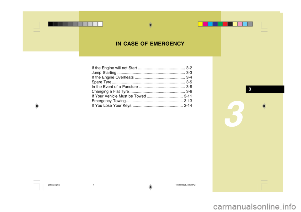 Hyundai Coupe 2005  Owners Manual 3
If the Engine will not Start ........................................... 3-2 
Jump Starting .............................................................. 3-3
If the Engine Overheats ...............