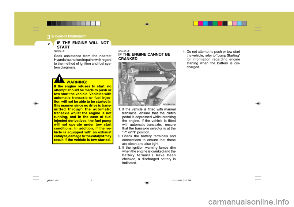 Hyundai Coupe 2005  Owners Manual 3 IN CASE OF EMERGENCY
2IF THE ENGINE WILL NOT START
!
SD020A1-E Seek assistance from the nearest Hyundai authorised repairer with regard to the method of ignition and fuel sys- tem diagnosis.
WARNING