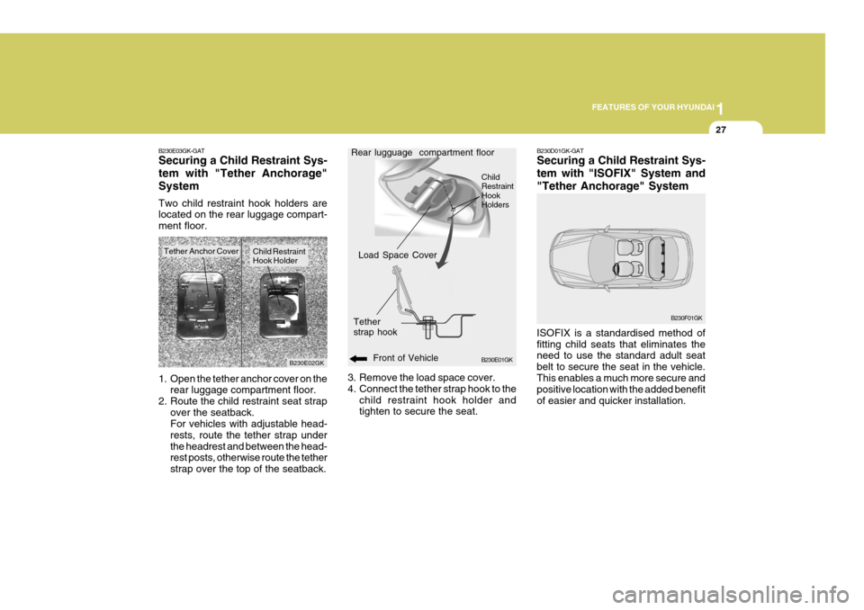 Hyundai Coupe 2005  Owners Manual 1
FEATURES OF YOUR HYUNDAI
27
B230E03GK-GAT Securing a Child Restraint Sys- tem with "Tether Anchorage"System Two child restraint hook holders are located on the rear luggage compart- ment floor.
B230