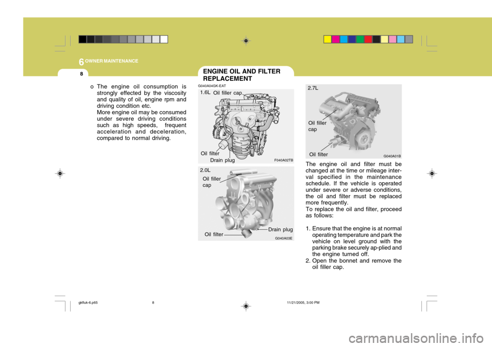 Hyundai Coupe 2005 Owners Manual 6OWNER MAINTENANCE
8ENGINE OIL AND FILTER REPLACEMENT
G040A04GK-EAT
o The engine oil consumption is
strongly effected by the viscosity and quality of oil, engine rpm and driving condition etc. More en Hyundai Coupe 2005 Owners Manual 6OWNER MAINTENANCE
8ENGINE OIL AND FILTER REPLACEMENT
G040A04GK-EAT
o The engine oil consumption is
strongly effected by the viscosity and quality of oil, engine rpm and driving condition etc. More en