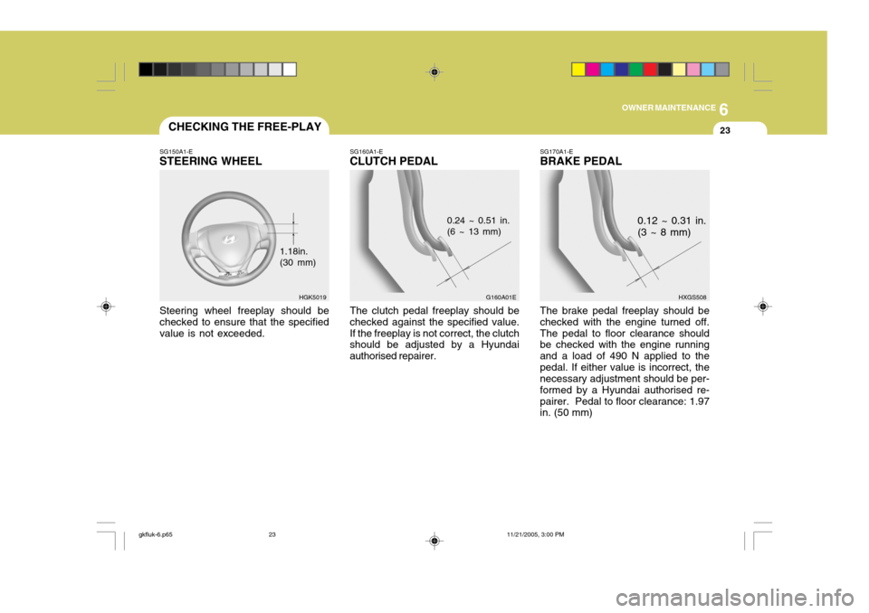 Hyundai Coupe 2005  Owners Manual 6
OWNER MAINTENANCE
23CHECKING THE FREE-PLAY
SG150A1-E
STEERING WHEEL
Steering wheel freeplay should be checked to ensure that the specifiedvalue is not exceeded. 1.18in. (30 mm)SG160A1-E
CLUTCH PEDAL