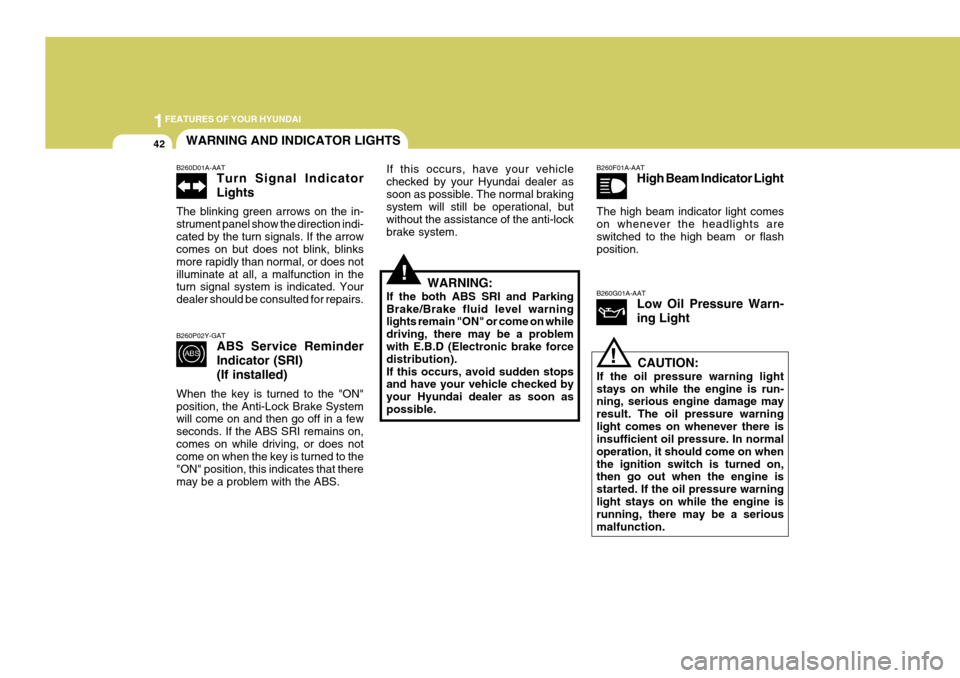 Hyundai Coupe 2005  Owners Manual 1FEATURES OF YOUR HYUNDAI
42
!
!
WARNING AND INDICATOR LIGHTS
B260G01A-AATLow Oil Pressure Warn- ing Light
B260D01A-AATTurn Signal Indicator Lights
The blinking green arrows on the in- strument panel 