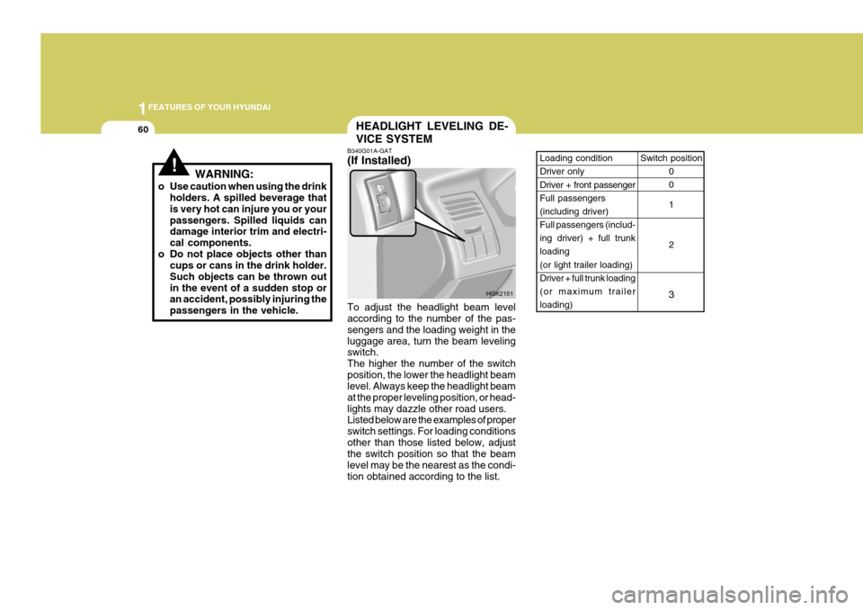 Hyundai Coupe 2005  Owners Manual 1FEATURES OF YOUR HYUNDAI
60HEADLIGHT LEVELING DE- VICE SYSTEM
B340G01A-GAT (If Installed) To adjust the headlight beam level according to the number of the pas- sengers and the loading weight in thel