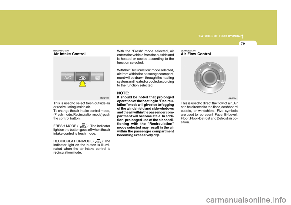 Hyundai Coupe 2005  Owners Manual 1
FEATURES OF YOUR HYUNDAI
79
B670C02FC-GAT Air Intake Control This is used to select fresh outside air or recirculating inside air. To change the air intake control mode,(Fresh mode, Recirculation mo