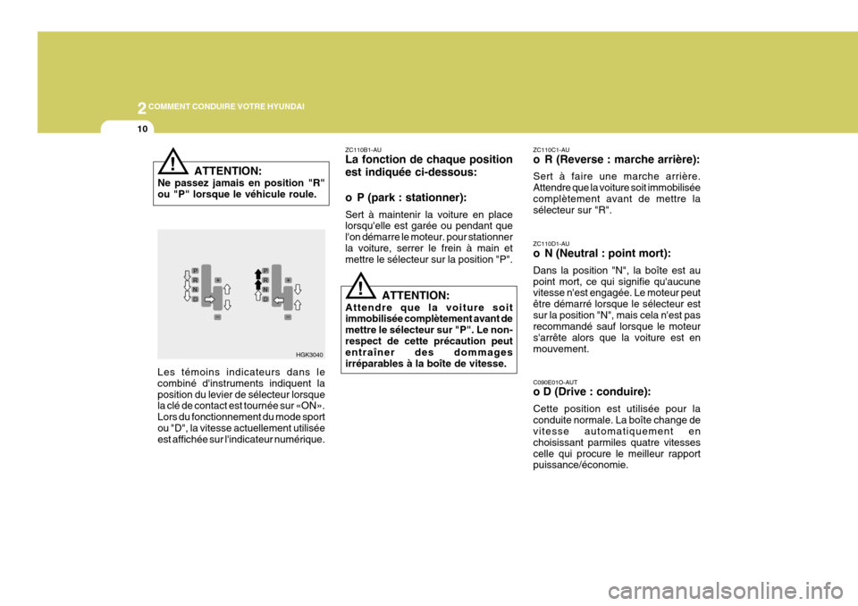 Hyundai Coupe 2005  Manuel du propriétaire (in French) 2COMMENT CONDUIRE VOTRE HYUNDAI
10
!
!
ZC110B1-AU La fonction de chaque position est indiquée ci-dessous: 
o P (park : stationner): Sert à maintenir la voiture en place lorsquelle est garée ou pen